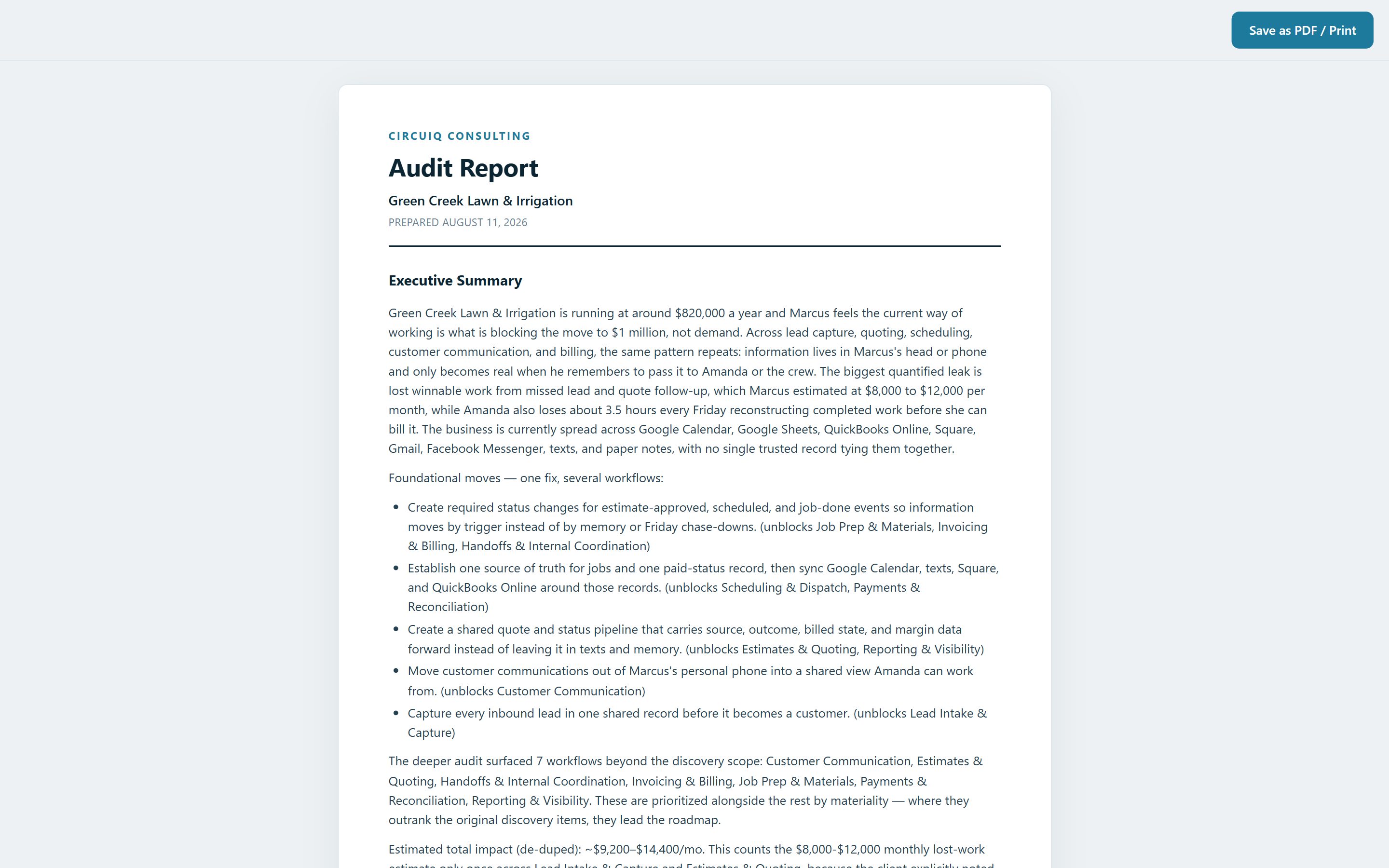 The client-facing audit report, opened in a browser: a headed document with an executive summary and a save-as-PDF button.