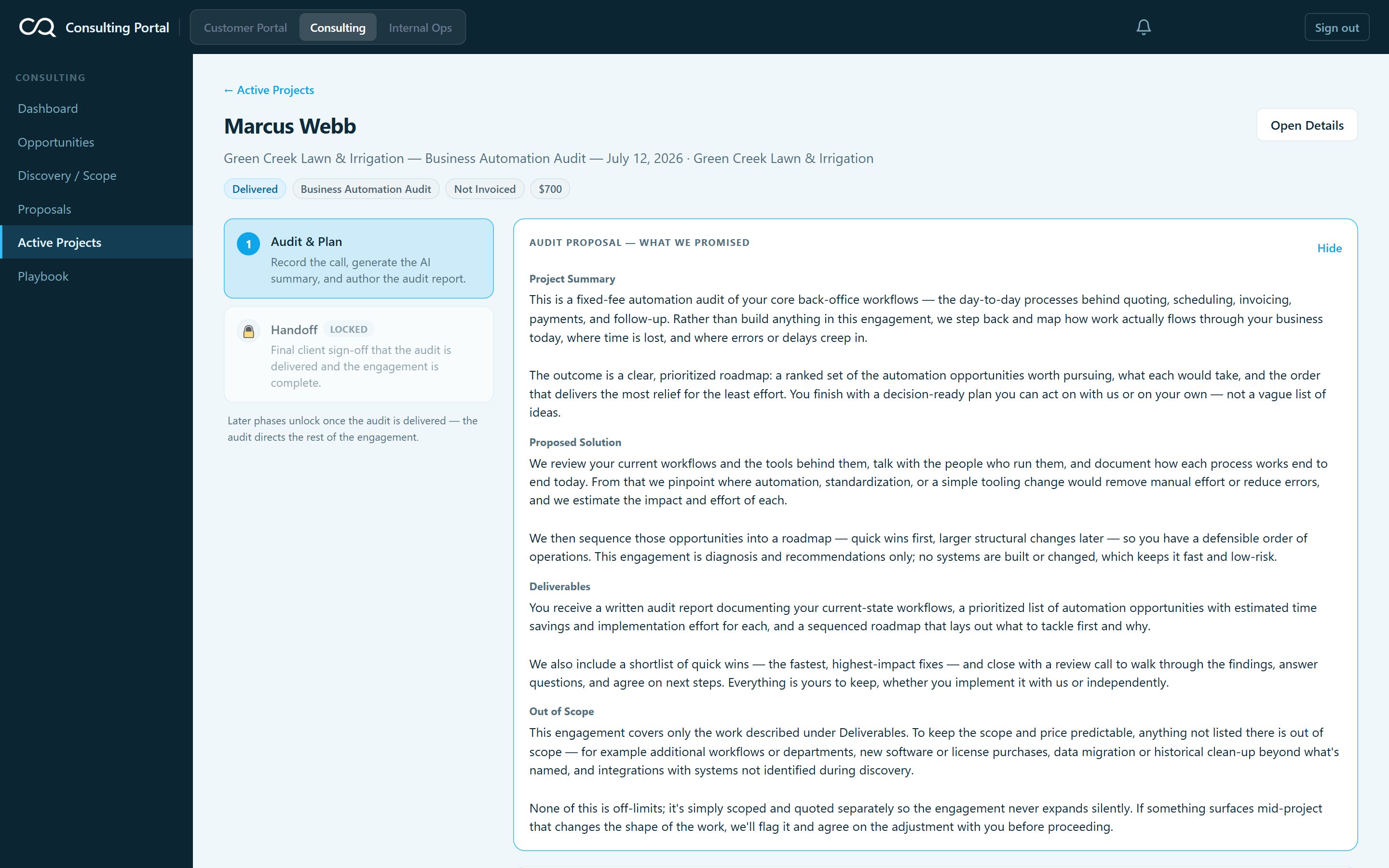 The internal project workspace: engagement phases down the left, and the agreed proposal scope alongside.